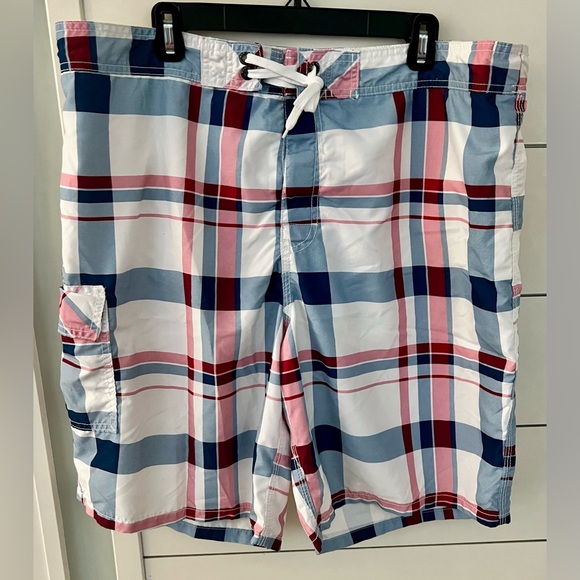Men's Plaid Board Swim Shorts Cargo Style- Red, White and Blue - Picture 1 of 2